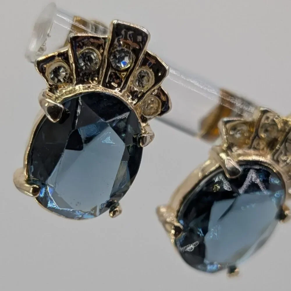 Vintage Blue Glass Stud Earrings Clear Rhinestone Crown Gold Tone Pierced 15mm